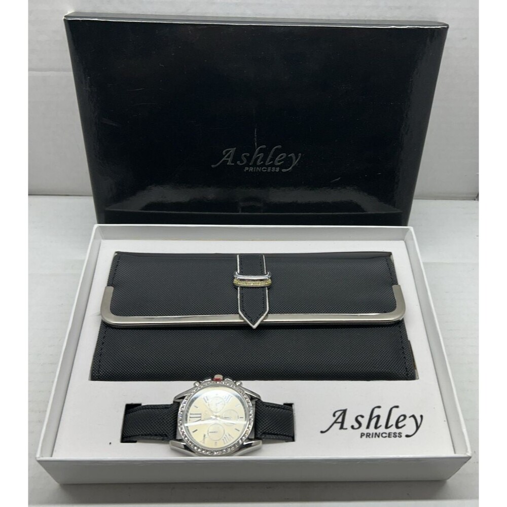 Ashley Princess ST10038 Black and Silver Wallet and Watch Set - New In Box